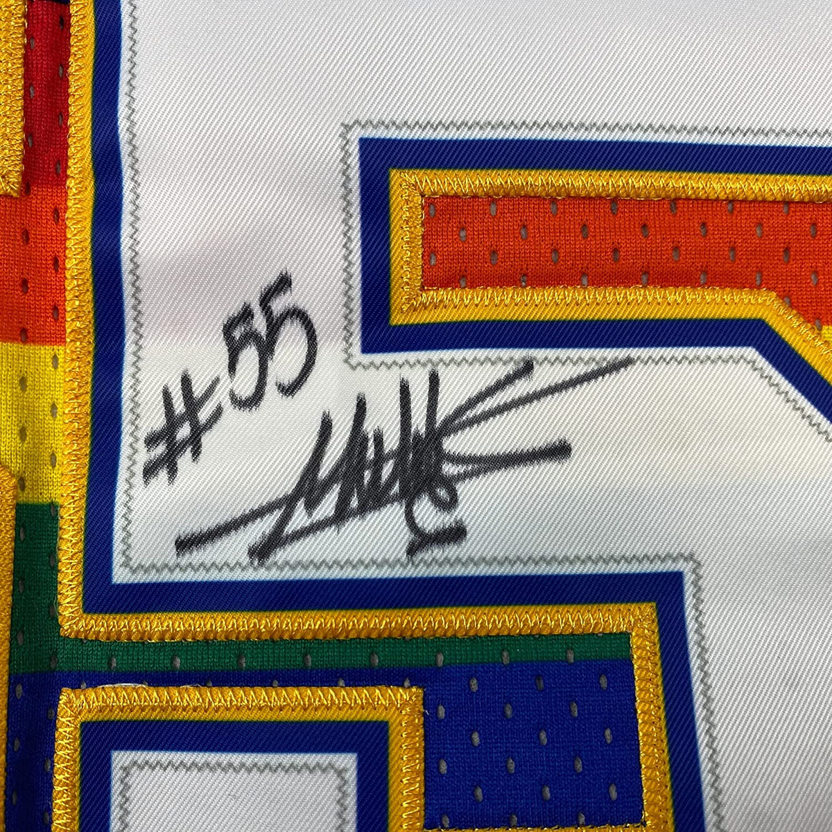 Framed Autographed/Signed Dikembe Mutombo 35x39 Denver Nuggets Blue Authentic Mitchell & Ness Basketball Jersey PSA/DNA COA