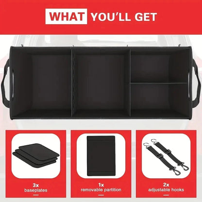 Universal Large Trunk Organizer For Car, Collapsible Multi Compartment Trunk Storage Bag With 2 Retractable Straps