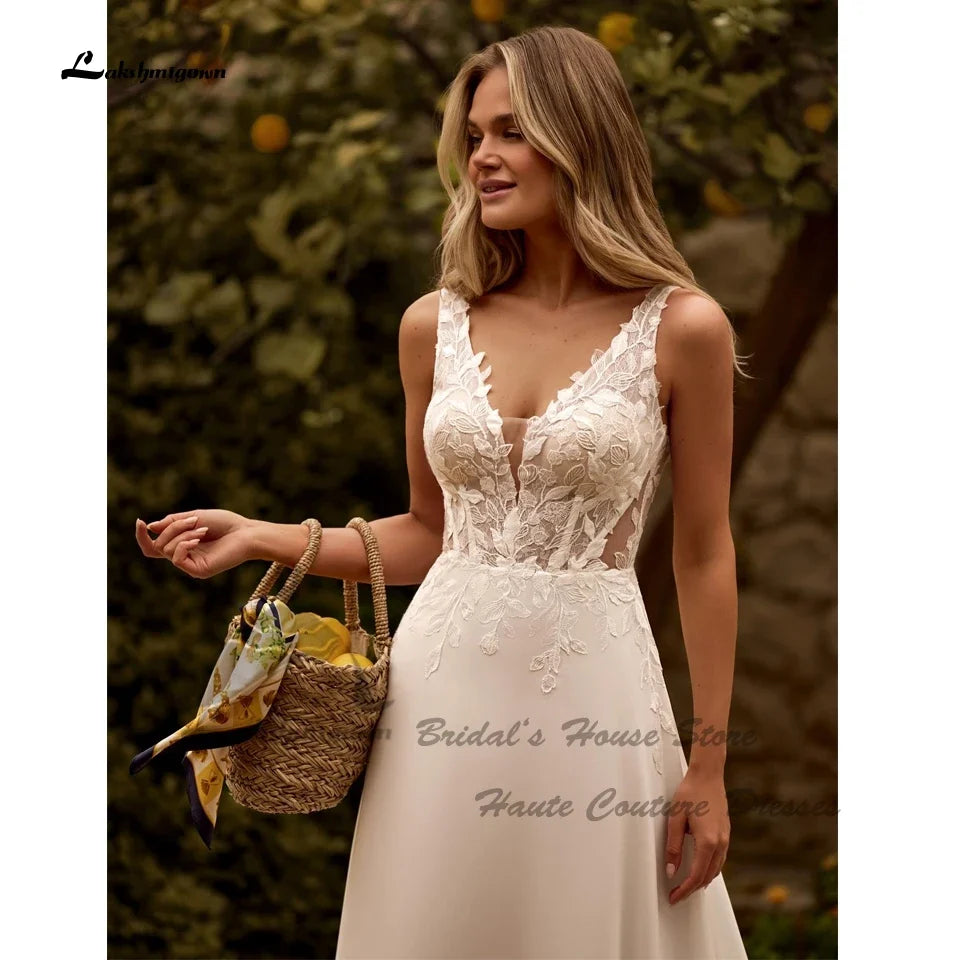 Lakshmigown Sexy Women Summer Beach Wedding Dresses A Line 2026 Vestidos Civil Boho Bridal Gowns V Neck Lace Bodice Customized