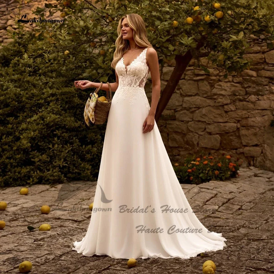 Lakshmigown Sexy Women Summer Beach Wedding Dresses A Line 2026 Vestidos Civil Boho Bridal Gowns V Neck Lace Bodice Customized
