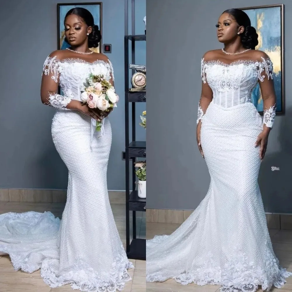 White Mermaid Wedding Dresses Women Elegant Sheer Long Sleeved Bridal Gowns Lace Country Dress Second Reception Gown