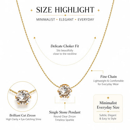 Minimalist Solitaire Zircon Choker Necklace, Crystal Pendant, 18K Gold Plated Stainless Steel Clavicle Chain Jewelry