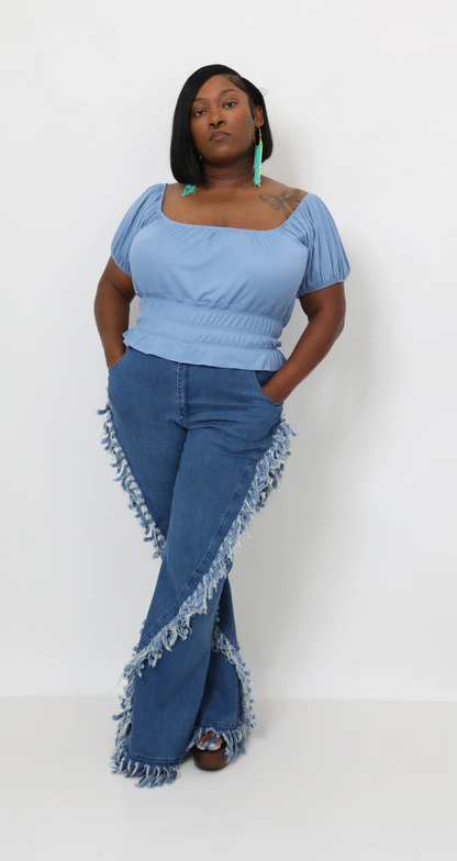 Distressed Fringe Denim Flared Pant