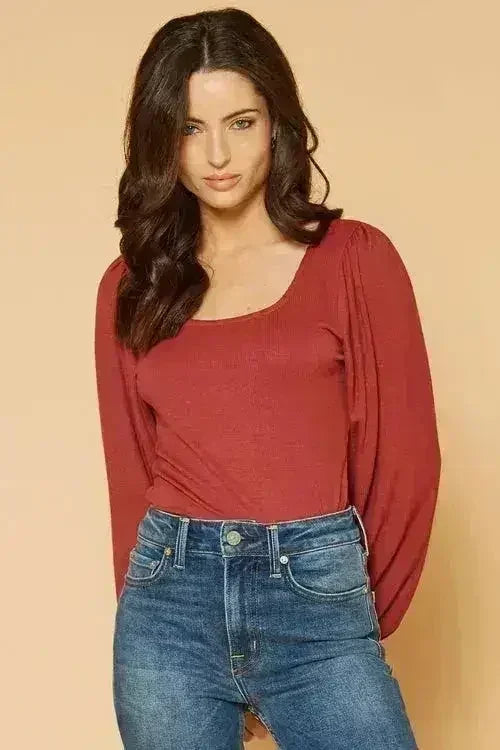 Women's Square Neck Puff Long Sleeve Bodysuit in Brick