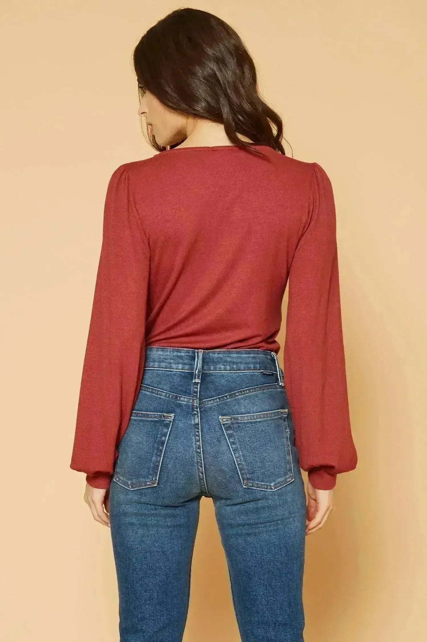 Women's Square Neck Puff Long Sleeve Bodysuit in Brick