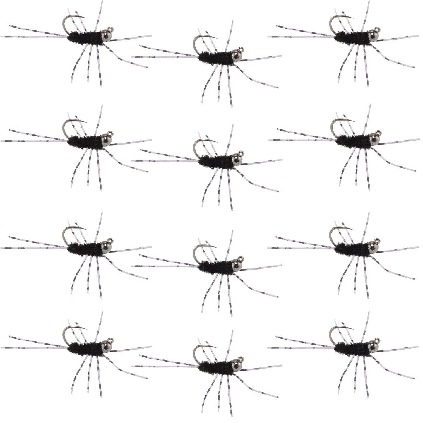 Barbless Pats Rubber Legs Tungsten Jig Black Euro Nymph 12 Flies #6