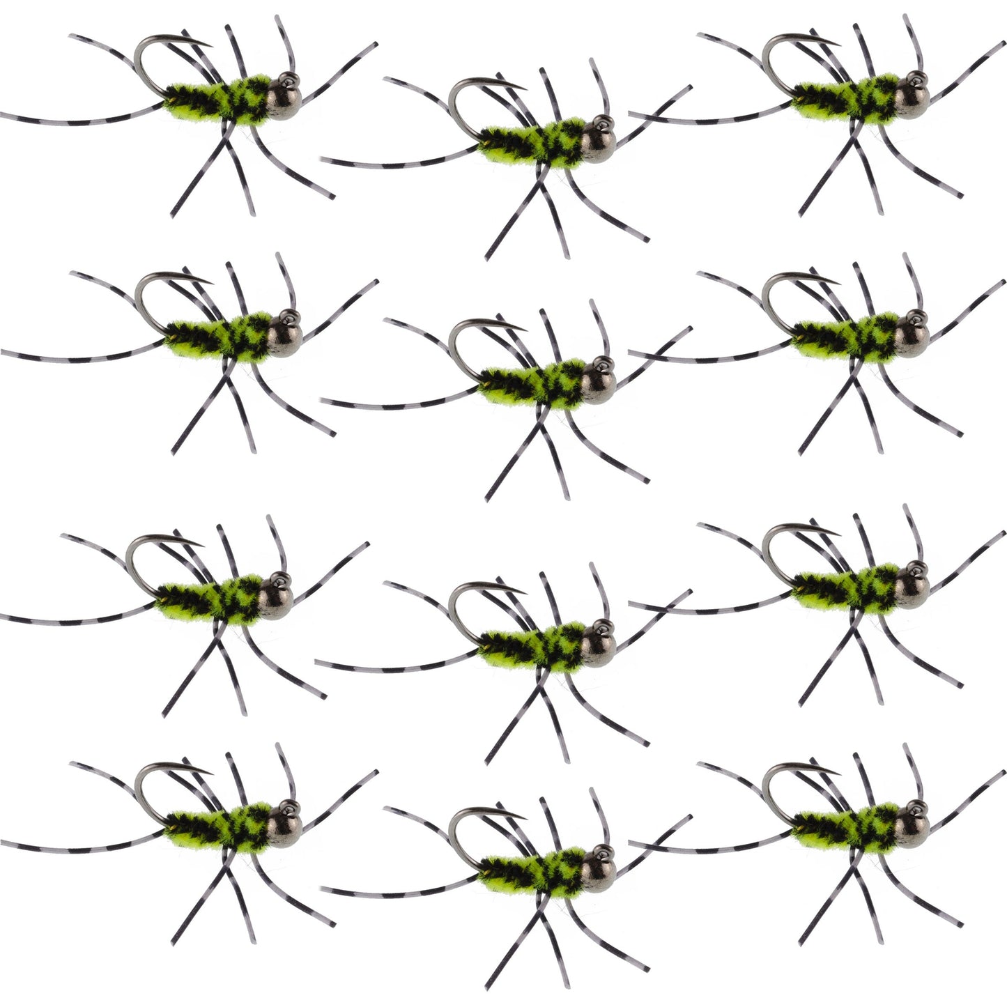 Pat's Rubber Legs Tungsten Jig Black/Chartreuse Euro Nymph 12 Flies Size 6