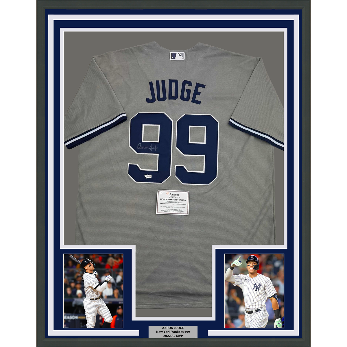 Framed Autographed/Signed Aaron Judge 35x39 New York Yankees Authentic Majestic Grey Baseball Jersey Fanatics COA