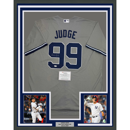 Framed Autographed/Signed Aaron Judge 35x39 New York Yankees Authentic Majestic Grey Baseball Jersey Fanatics COA