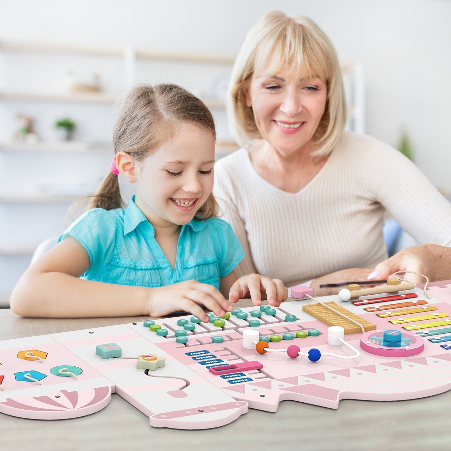 Activity Wall Busy Board Panels for Toddlers Wooden Sensory Board-Pink