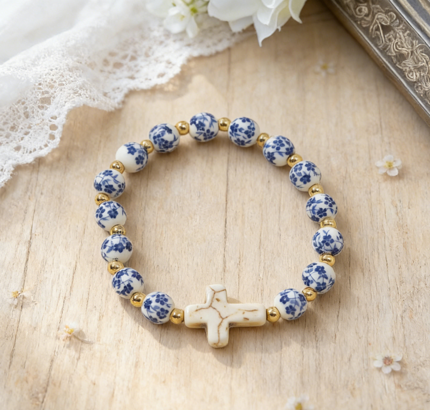 Blue and White Porcelain MAMA Beaded Bracelet