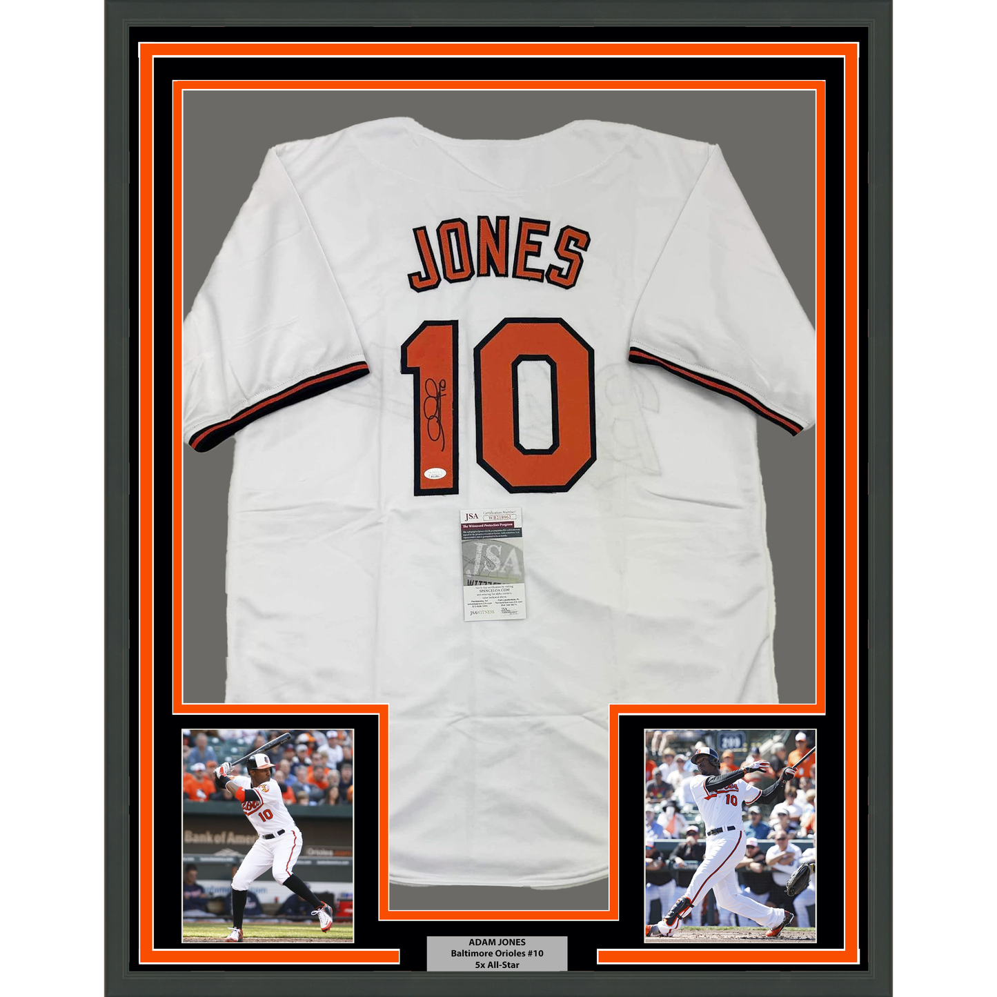 Framed Autographed/Signed Adam Jones 35x39 Baltimore White Baseball Jersey JSA COA