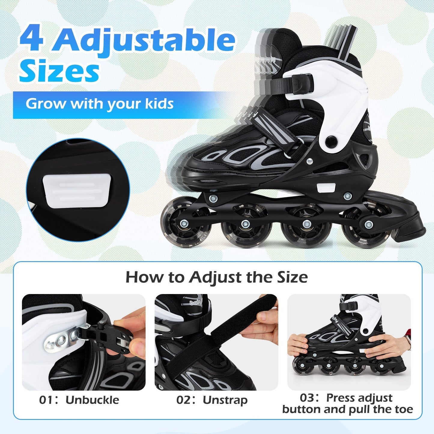 Adjustable Kids' Incline Skates 4 Sizes Adjustable Blade Roller