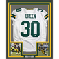 Framed Autographed/Signed Ahman Green 35x39 Green Bay White Football Jersey JSA COA
