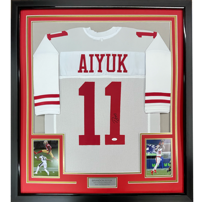 Framed Autographed/Signed Brandon Aiyuk 35x39 San Francisco White Football Jersey Beckett BAS COA