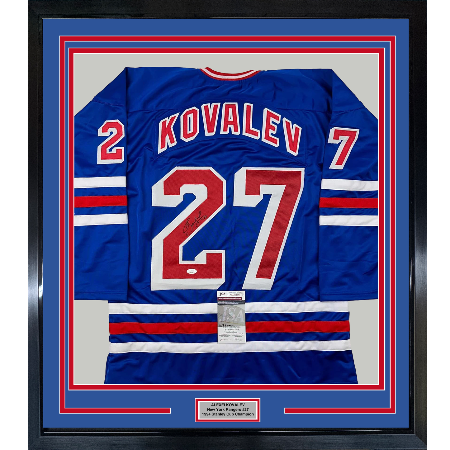 Framed Autographed/Signed Alexei Kovalev 35x39 New York Blue Hockey Jersey JSA COA