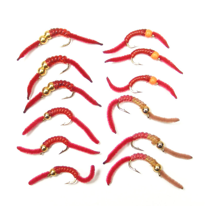 Barbless Tungsten San Juan Worm Power Bead Assortment 12 Flies Size 12