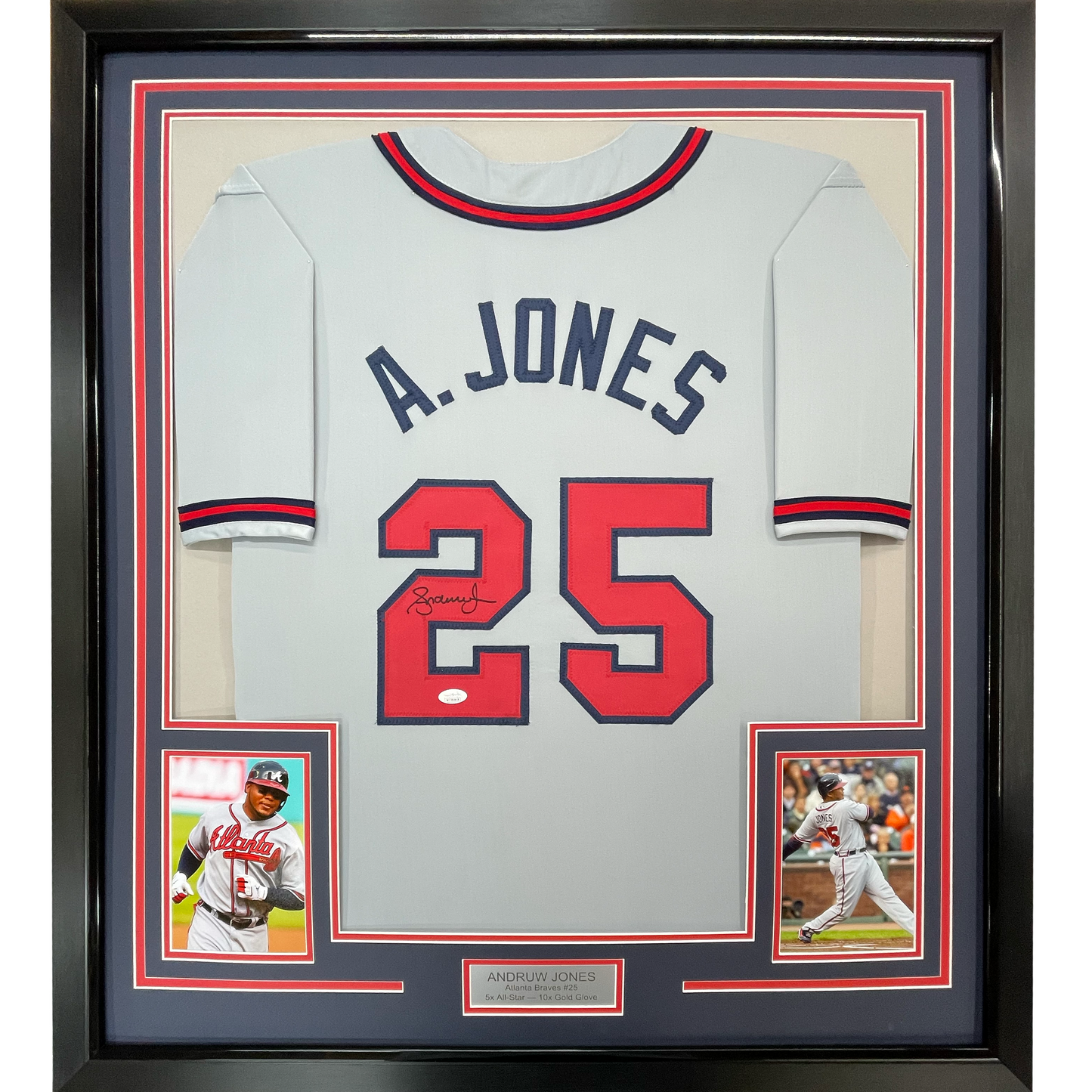 Framed Autographed/Signed Andruw Jones 35x39 Atlanta Grey Baseball Jersey PSA/DNA COA