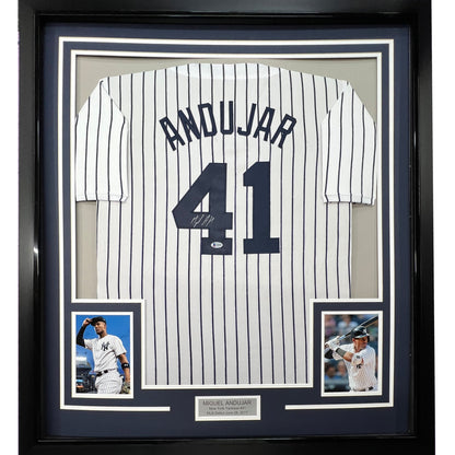 Framed Autographed/Signed Miguel Andujar 35x39 New York Pinstripe Baseball Jersey Beckett BAS COA