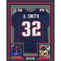 Framed Autographed/Signed Antowain Smith 35x39 2x SB Champ New England Blue Football Jersey JSA COA
