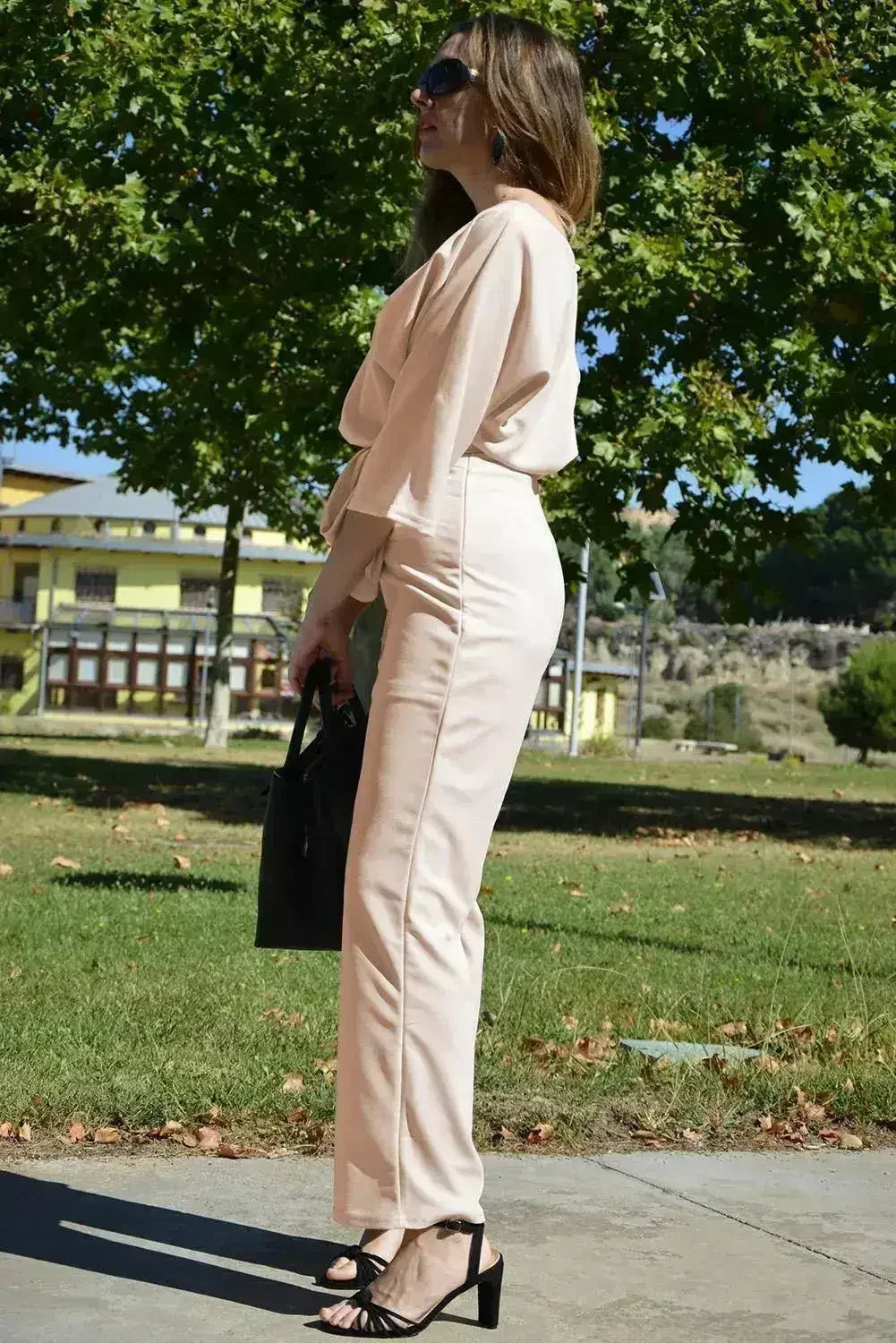 Casual Apricot Jumpsuit with 3/4 Sleeves and Tie Sash