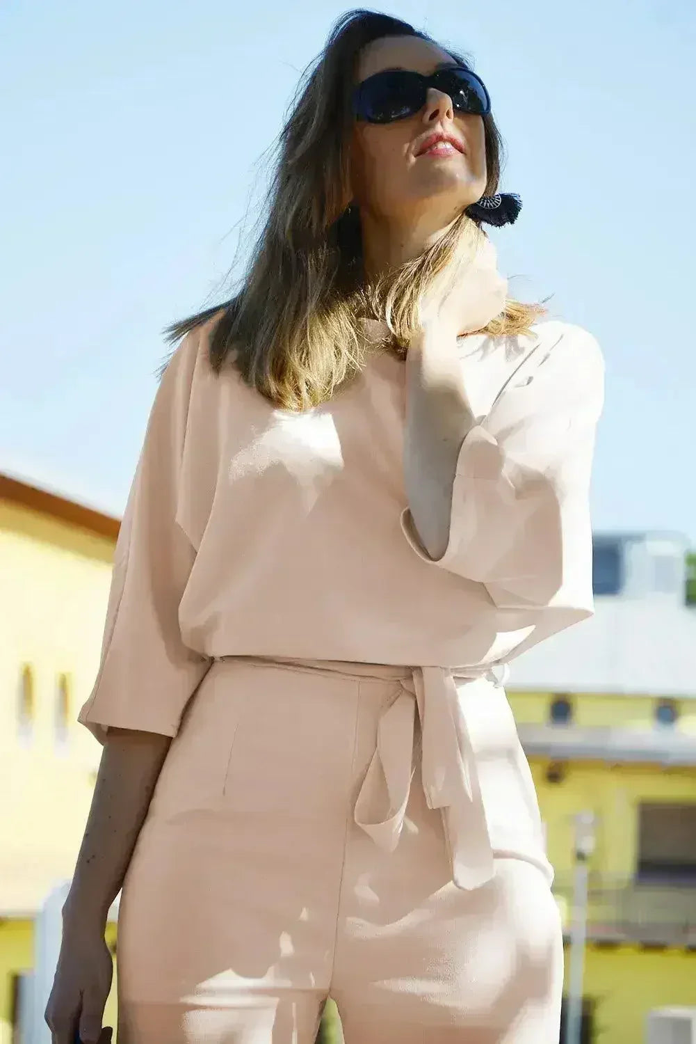 Casual Apricot Jumpsuit with 3/4 Sleeves and Tie Sash