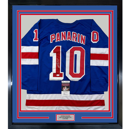 Framed Autographed/Signed Artemi Panarin 35x39 New York Blue Hockey Jersey JSA COA