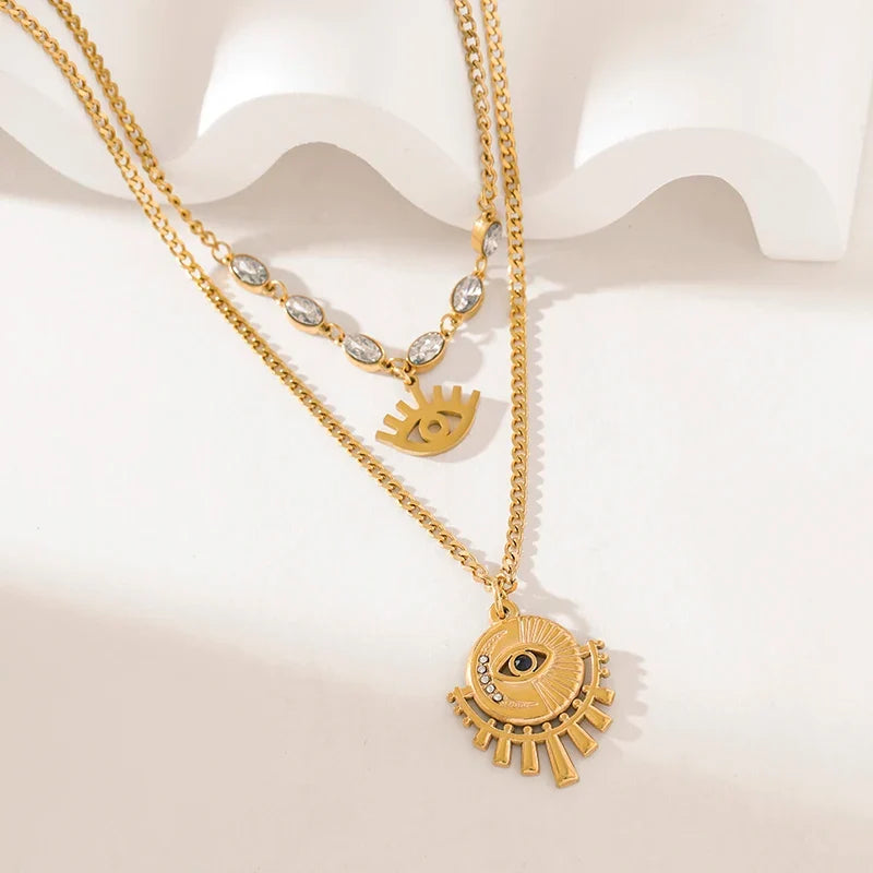 316L Stainless Steel Multi-Layer Vintage Eye Pendant Necklace For Women Girl New Trend Waterproof Chain Jewelry Gift