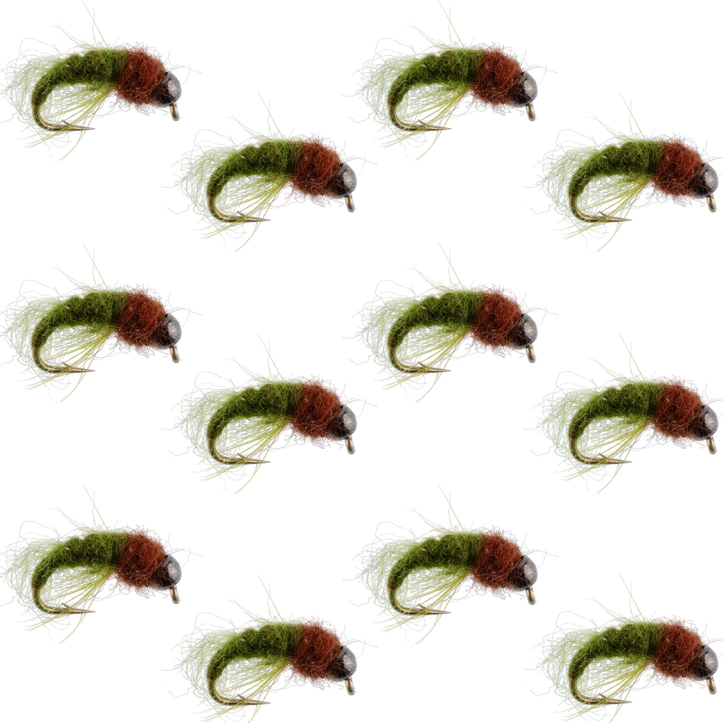 Bead Head Olive Brown Caddis Larva Nymph 12 Flies - Hook Size 14