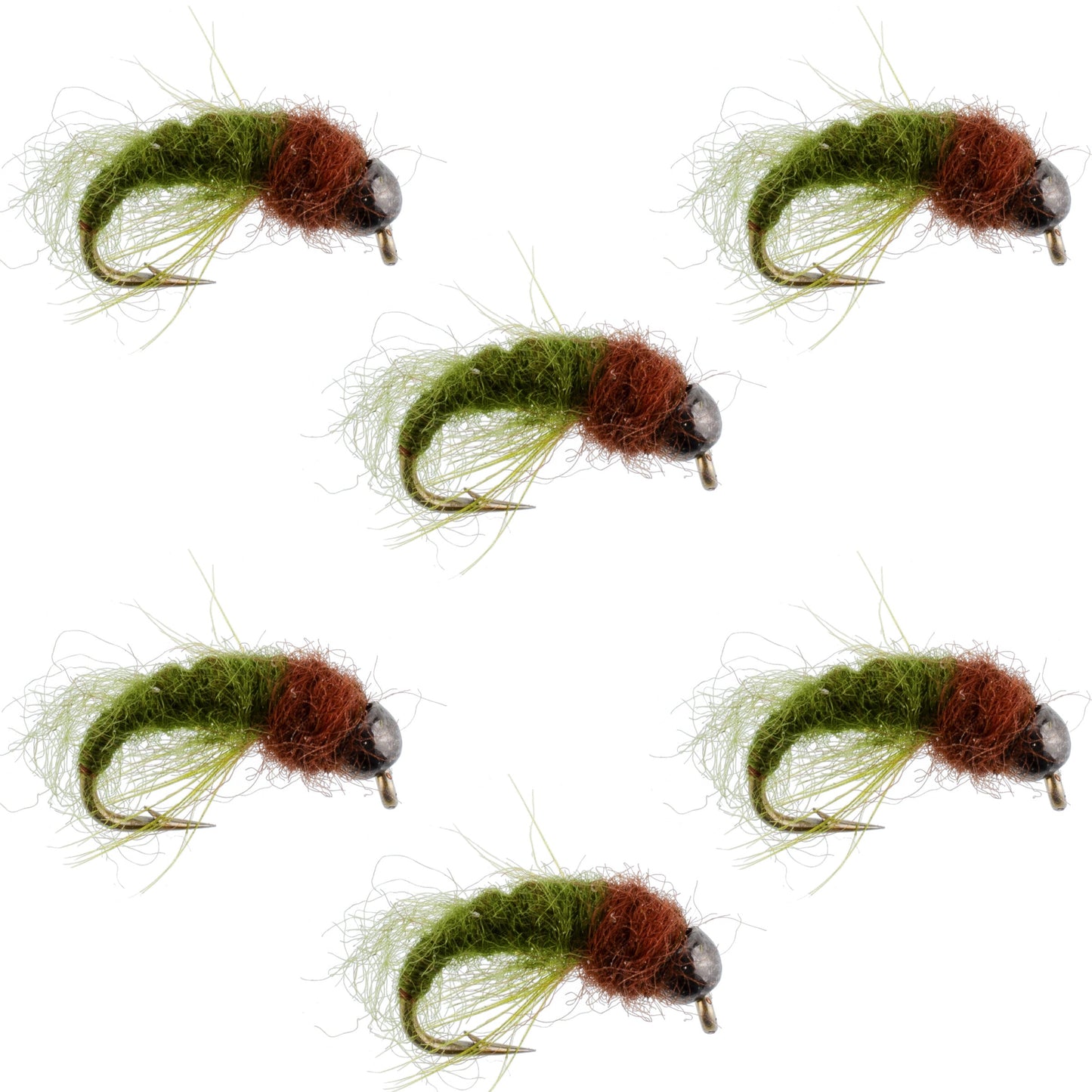 Bead Head Olive Brown Caddis Larva Nymph 6 Flies - Hook Size 12