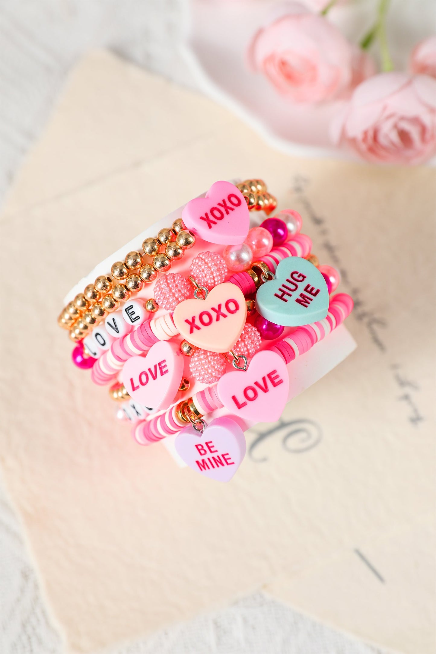 Valentine Heart Pendant Beaded Elastic Bracelet