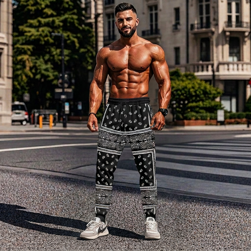 Men's 3D Bandana Print Track Pants - Paisley Streetwear Joggers - Slim Fit Athletic Sweatpants