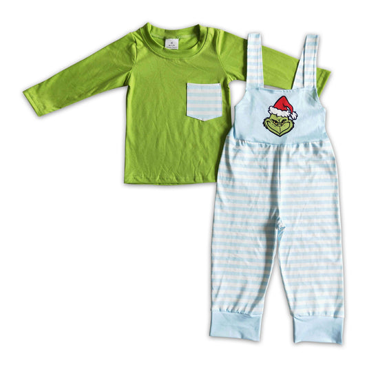 Cotton shirt green face stripe overalls kids boy Christmas clothes