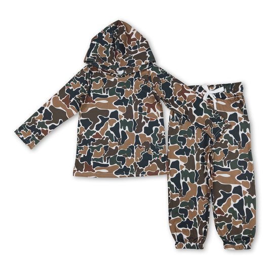 Brown camo hoodie pocket pants children clothing set
