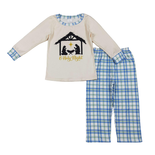 Long sleeves nativity top plaid pants boys Christmas clothes