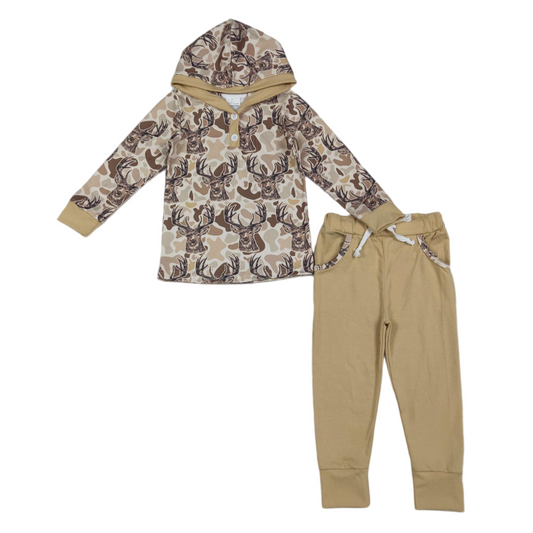 Long sleeves camo deer hoodie pants boys clothing set