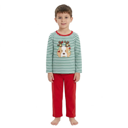 Stripe dog Christmas lighting embroidery boys outfits