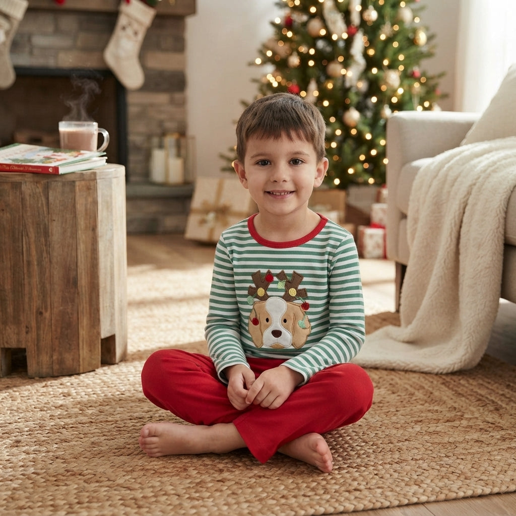 Stripe dog Christmas lighting embroidery boys outfits