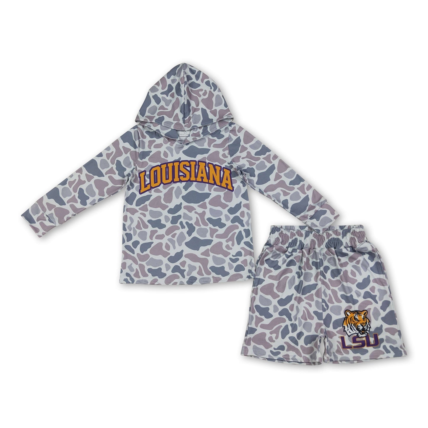 Long sleeves grey camo hoodie tiger shorts boys team outfits