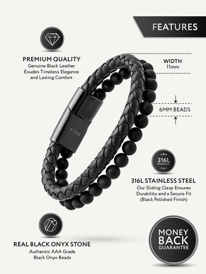 Black Braided Leather & Black Onyx Bead Bracelet