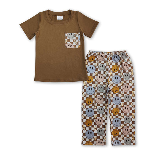 Short sleeves smile plaid pants boys clothing set