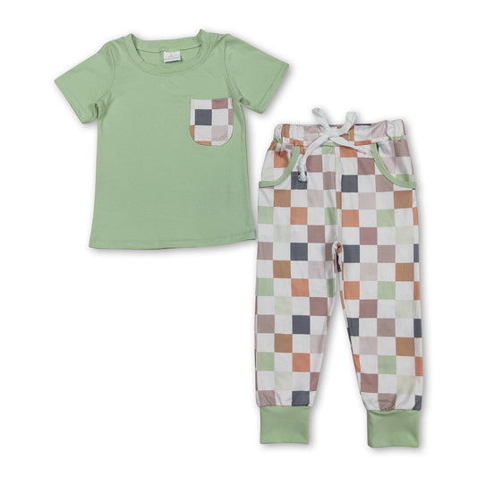 Short sleeves pocket top plaid pants boys clothing