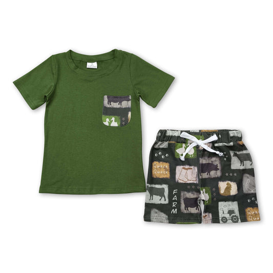 Green pocket top cow tractor farm boys clothing set