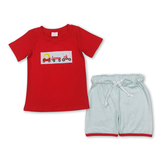 Red short sleeves cars top stripe shorts boys clothing