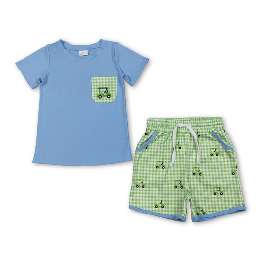 Short sleeves pocket top plaid golf car shorts boys clothing