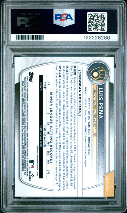 Graded 2025 Topps Bowman Luis Pena #BCP38 Chrome Prospects Rookie RC Baseball Card PSA 9 Mint