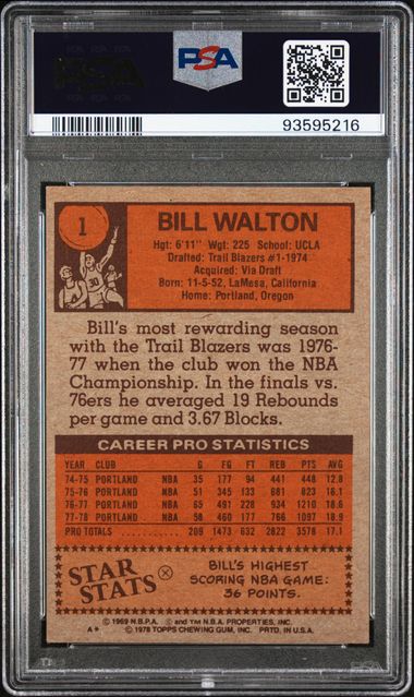Graded 1978 Topps Bill Walton #1 Basketball Card PSA 7 Near Mint