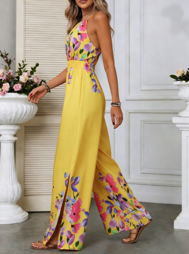 Summer Print Halter Tie-Front Wide-Leg Jumpsuit