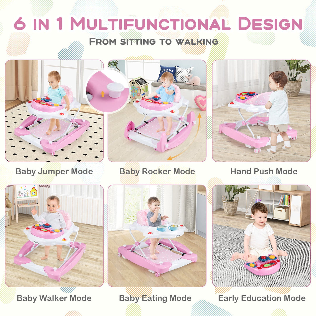 6 in 1 Foldable Baby Walker with Adjustable Height-Pink