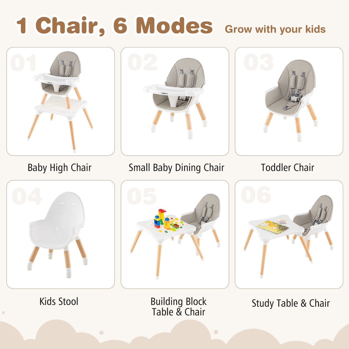 5-in-1 Baby Wooden Convertible High Chair